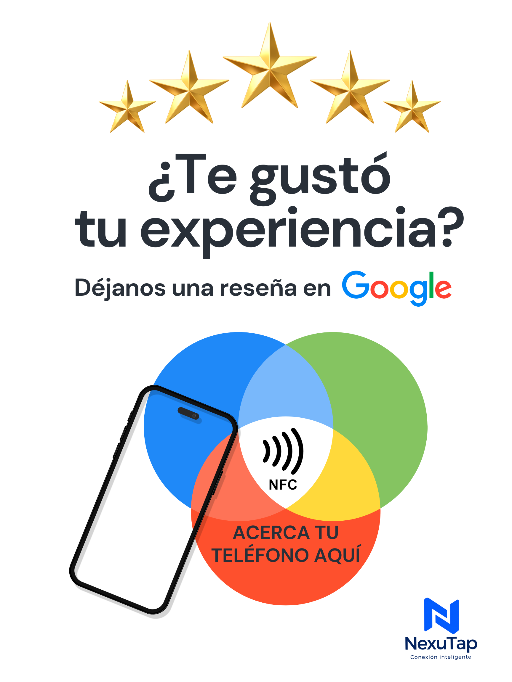 Diseño NexuTap para solicitar reseñas en Google, con indicación de acercar el teléfono al NFC